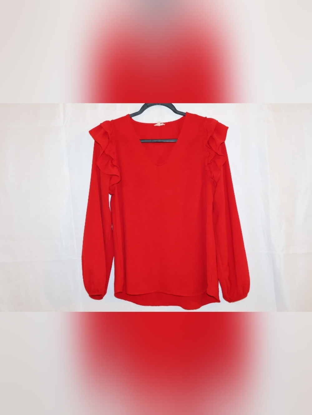 JODIFL Ruffle-Shoulder V-Neck Blouse-Red. Medium.